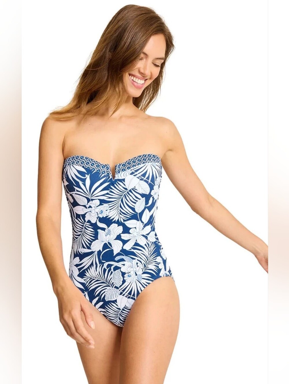 Tommy Bahama Island Cays Blooms Bandeau Blue One-Piece Swimsuit (BUU093)
